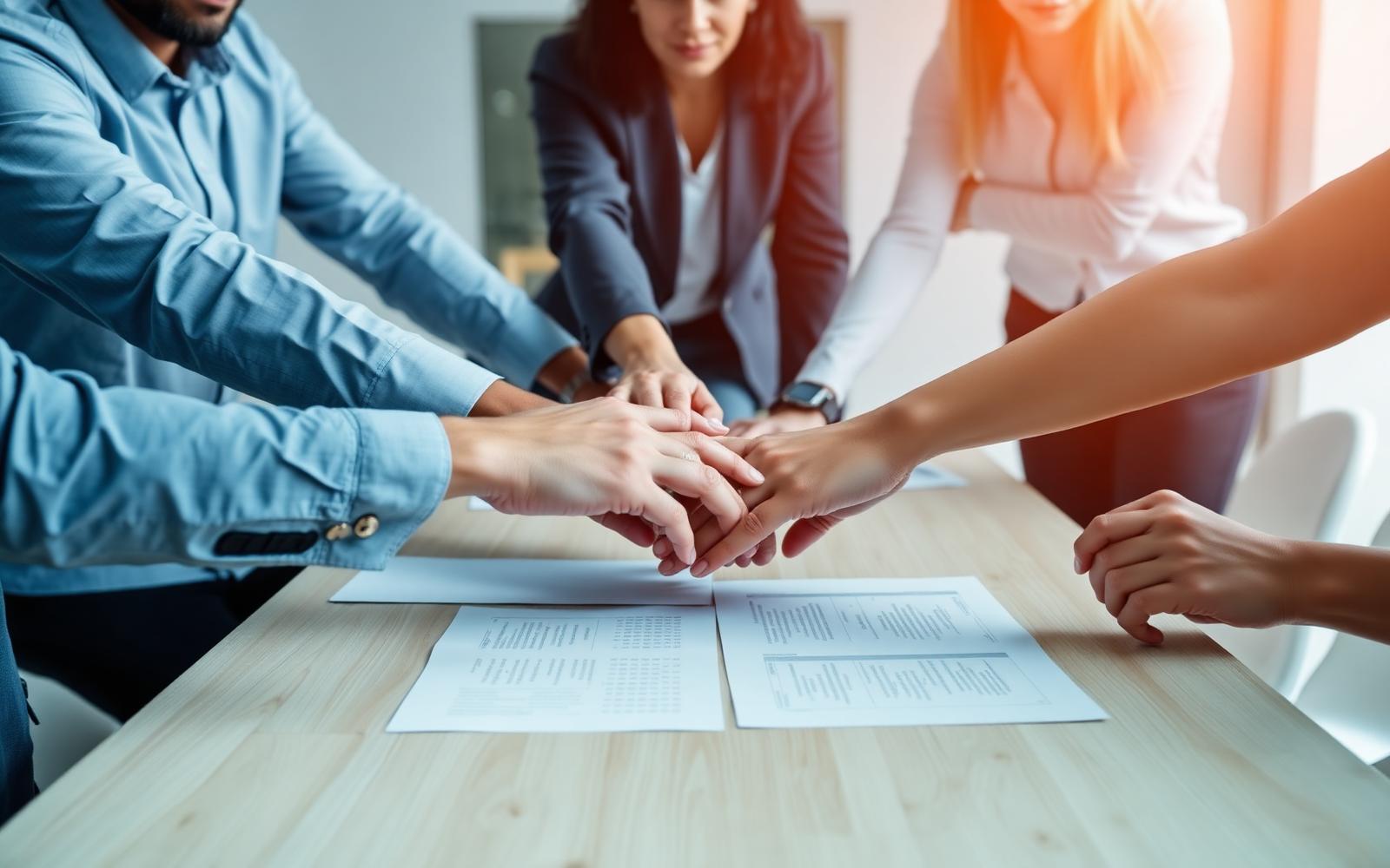 Equipo directivo unido alrededor de una mesa de trabajo